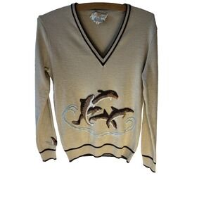 Vtg Cyn Les Embroidered Dolphin Women M Sweater Knit Pullover Artsy Preppy Water